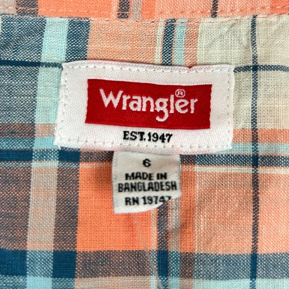 NWT Wrangler Boys Plaid Button Down Shirt Orange Blue Short Sleeve‎ Size 6